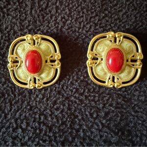 Vintage Monet Etruscan Gold Tone & Red Cabochon Earrings,Pierced